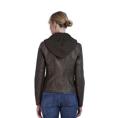 Women's Sebby Collection Hooded Faux-Leather Moto Jacket