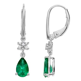 Sterling Silver Lab-Created Emerald & Lab-Created White Sapphire Drop Earrings