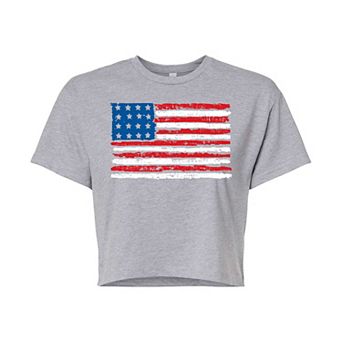 Juniors' Distressed USA Flag Cropped Tee