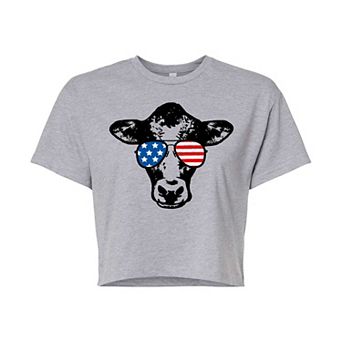 Juniors' Cow Flag Glasses Cropped Tee