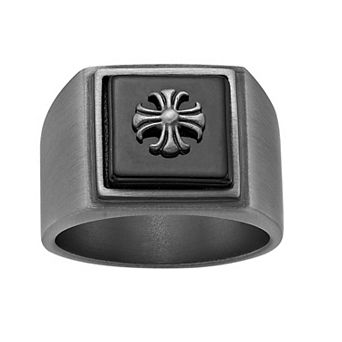 LYNX Men's Gray Ion Plated Stainless Steel Ring Black Agate Cross Ring
