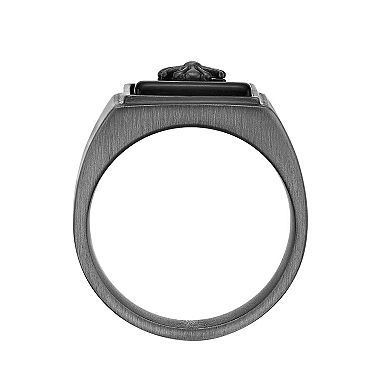 LYNX Men's Gray Ion Plated Stainless Steel Ring Black Agate Cross Ring
