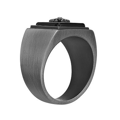 LYNX Men's Gray Ion Plated Stainless Steel Ring Black Agate Cross Ring