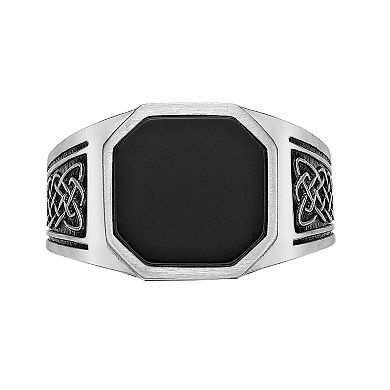 LYNX Men's Stainless Steel Black Agate Ring