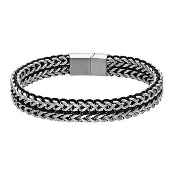 LYNX Men's Stainless Steel & Black Cord Foxtail Bracelet
