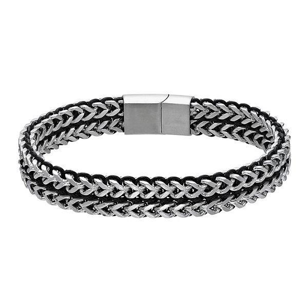 LYNX Men's Stainless Steel & Black Cord Foxtail Bracelet