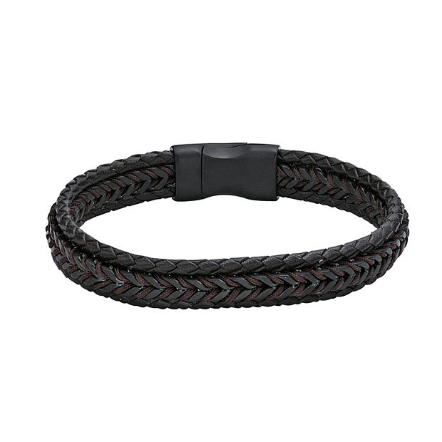 Lynx Men's Stainless Steel & Brown Leather Cord Bracelet, Size: 8.50, Black