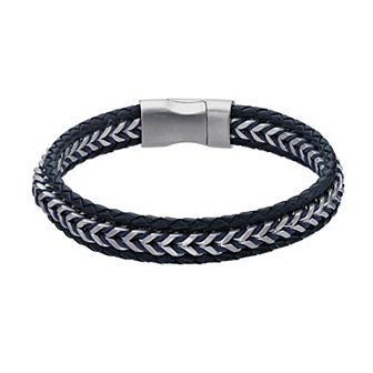 LYNX Men's Stainless Steel & Braided Blue Leather Cord Bracelet