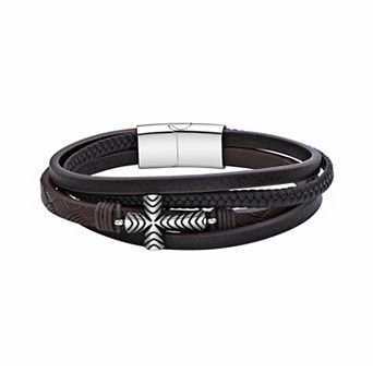 LYNX Men's Stainless Steel & Braided Leather Multistrand Cross Bracelet