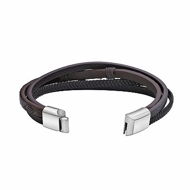 LYNX Men's Stainless Steel & Braided Leather Multistrand Cross Bracelet