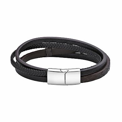 LYNX Men's Stainless Steel & Braided Leather Multistrand Cross Bracelet