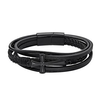 LYNX Men's Black Ion Plated Stainless Steel & Black Leather Cross Bracelet