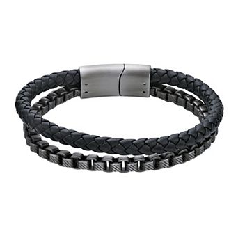 LYNX Men's Stainless Steel Box Chain & Braided Black Leather Bracelet
