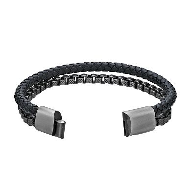 LYNX Men's Stainless Steel Box Chain & Braided Black Leather Bracelet