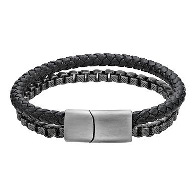 LYNX Men's Stainless Steel Box Chain & Braided Black Leather Bracelet