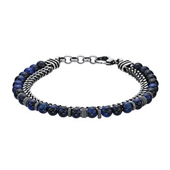 LYNX Men's Antiqued Stainless Steel & Blue Tiger's Eye Bracelet