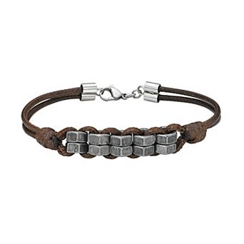 LYNX Men's Antiqued Stainless Steel & Brown Cord Bracelet