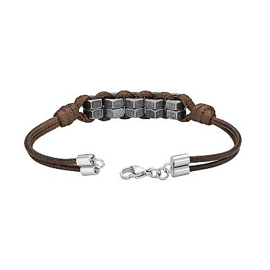 LYNX Men's Antiqued Stainless Steel & Brown Cord Bracelet