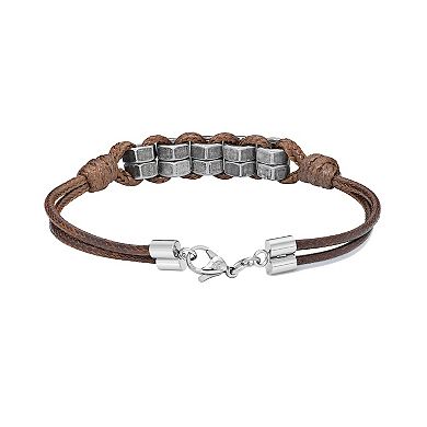 LYNX Men's Antiqued Stainless Steel & Brown Cord Bracelet