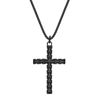 LYNX Men's Black Ion Plated Stainless Steel Cross Pendant Necklace