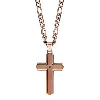 LYNX Men's Brown Ion Plated Stainless Steel Cubic Zirconia Cross Pendant