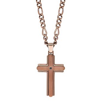 LYNX Men's Brown Ion Plated Stainless Steel Cubic Zirconia Cross Pendant