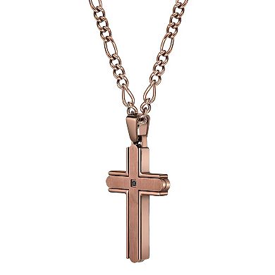 LYNX Men's Brown Ion Plated Stainless Steel Cubic Zirconia Cross Pendant 