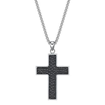 LYNX Men's Stainless Steel Hammered Cross Pendant Necklace