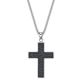 LYNX Men's Stainless Steel Hammered Cross Pendant Necklace
