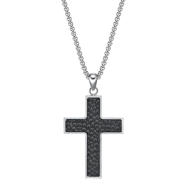 LYNX Men's Stainless Steel Hammered Cross Pendant Necklace