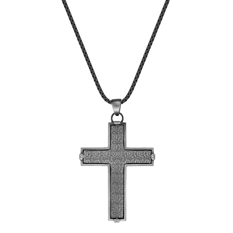 LYNX Mens Stainless Steel Textured Cross Pendant Necklace, Size: 24, Mu