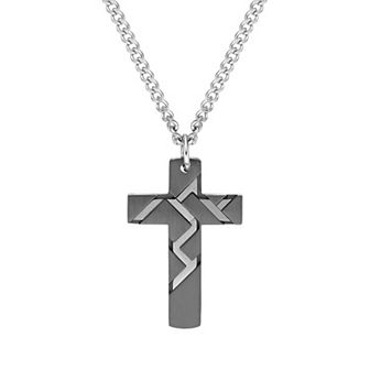 LYNX Men's Black Ion Plated Stainless Steel Cross Pendant Necklace