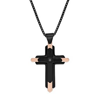 LYNX Men's Stainless Steel Diamond Accent Cross Pendant Necklace