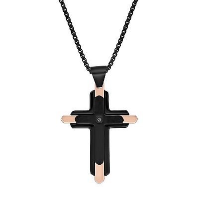 Belk Co Men s Stainless Steel and 0.03 Cttw Diamond Cross Pendant with Black Rose IP and 24 Round Box Chain