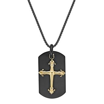 LYNX Men's Two Tone Stainless Steel Cross Dog Tag Necklace
