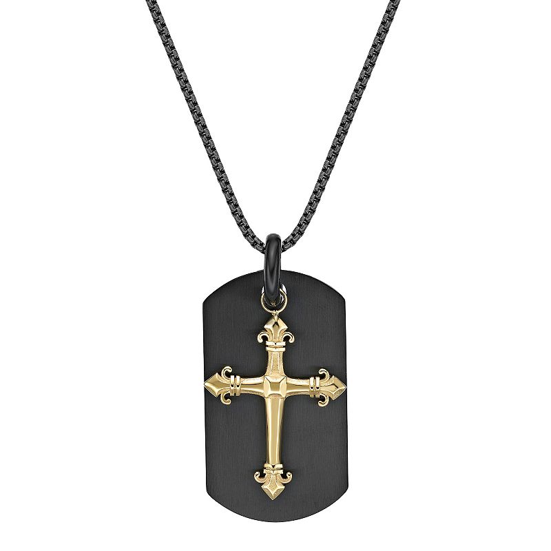 LYNX Mens Two Tone Stainless Steel Cross Dog Tag Necklace, Size: 24, Mu