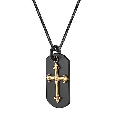 LYNX Men's Two Tone Stainless Steel Cross Dog Tag Necklace