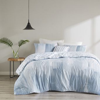 N Natori Brush Stroke Oversized Seersucker 4 pc Reversible Comforter Set with Throw Pillow