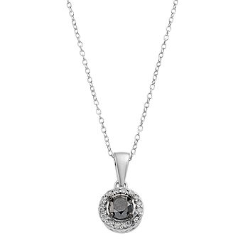Sterling Silver 1/2 Carat T.W. Black Diamond Solitaire & White Diamond Halo Pendant Necklace