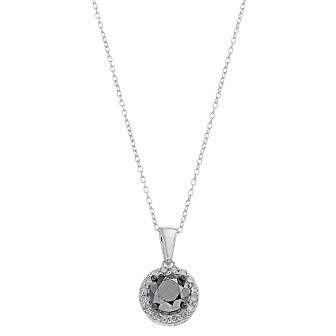 Sterling Silver 1 Carat T.W. Black Diamond Solitaire & White Diamond Halo Pendant Necklace
