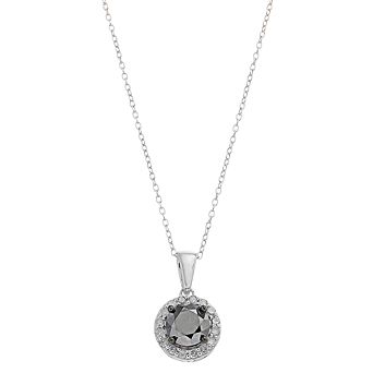 Sterling Silver 1 Carat T.W. Black Diamond Solitaire & White Diamond Halo Pendant Necklace