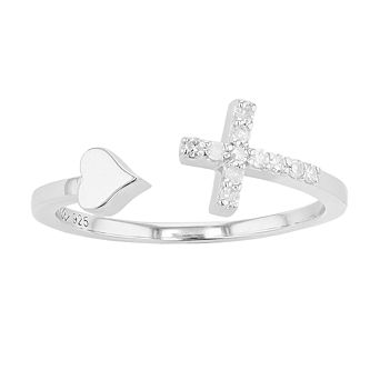 Sterling Silver 1/10 Carat T.W. Diamond Cross & Heart Ring