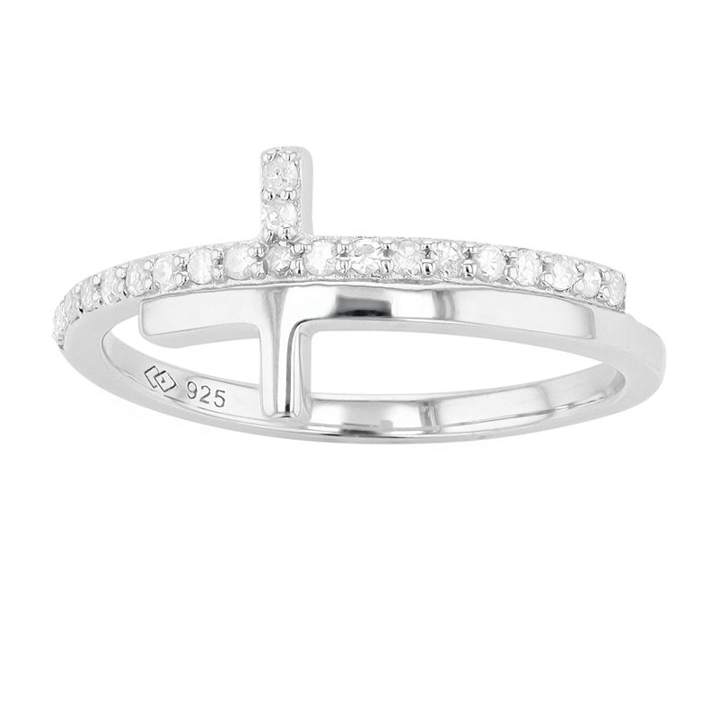 Sterling Silver 1/6 Carat T.W. Diamond Sideways Cross Ring, Womens, White