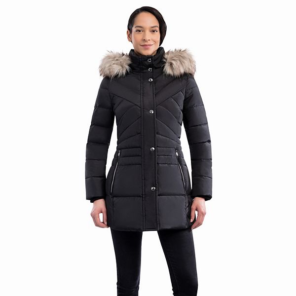 Women's London Fog FauxFur Hood SnapFront Puffer Jacket