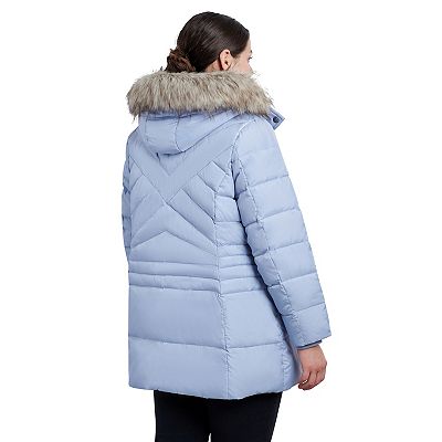 Plus Size London Fog Faux Fur Hood Snap Front Puffer Jacket