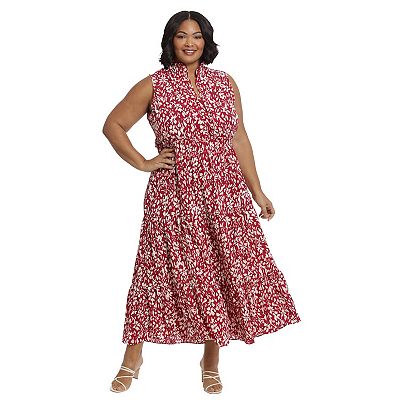 london times plus size maxi dresses London Times Plus Size Smocked Tiered Floral Maxi Dress - Blue/Ivory