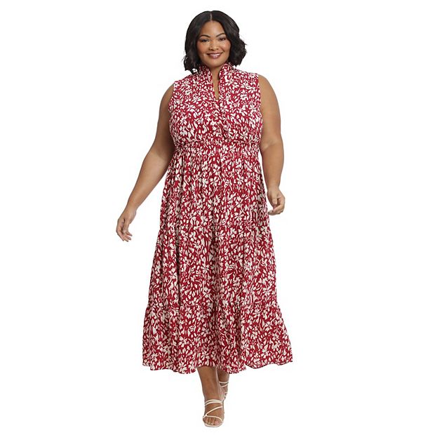 Plus Size London Times Ruffle Neck Maxi Dress, Women's, Size: 14 W, Red Ivory