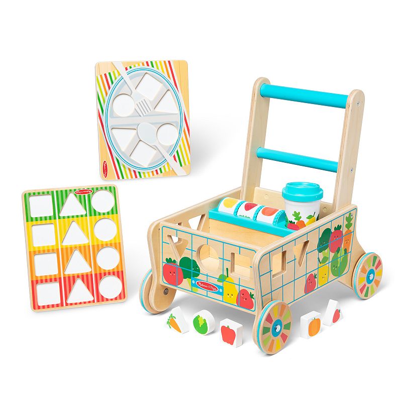 Melissa & Doug Wooden Shape Sorting Grocery Cart Push Toy and Puzzles