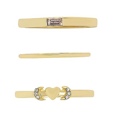 LC Lauren Conrad Gold Tone Crystal Moon & Heart 3-Pack Stacking Rings Set