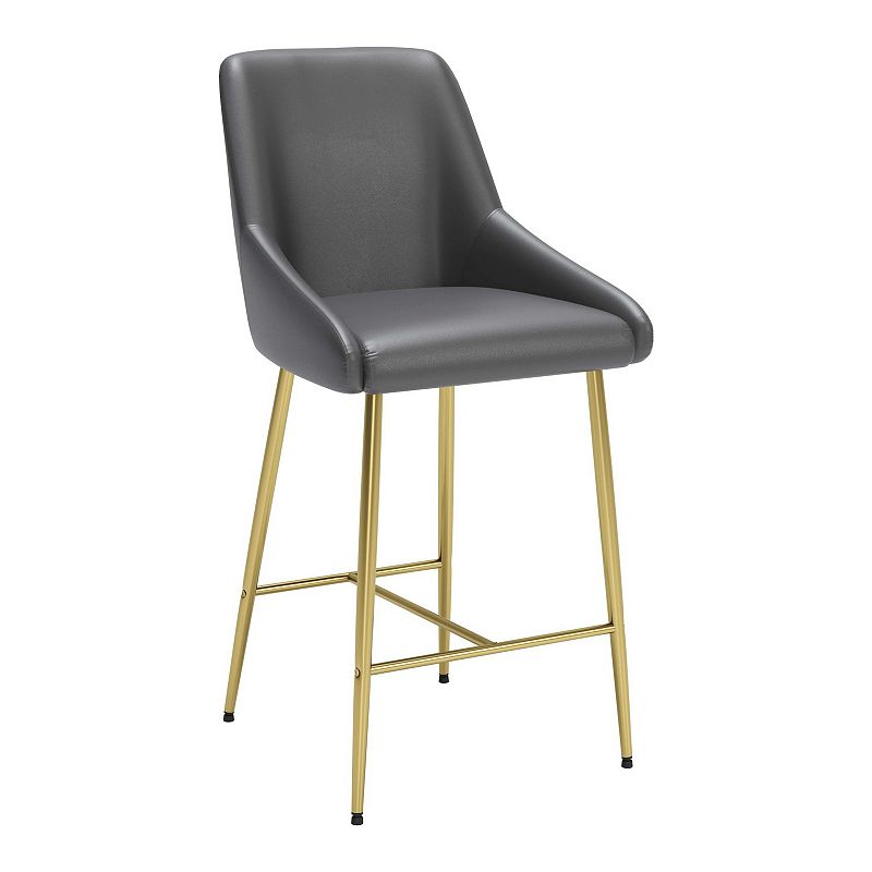 Madelaine Counter Chair, Gray Faux Leather Bar Stool with Tall Gold Metal Legs